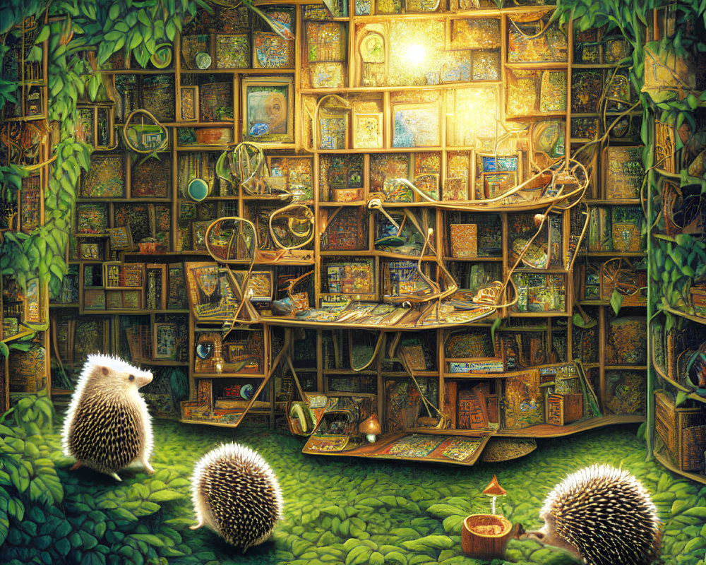 Cozy book-filled nook with magical items and hedgehogs