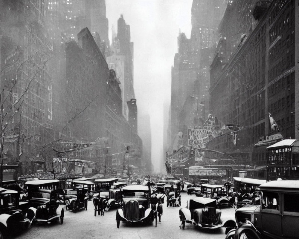 Vintage photograph of bustling city street with old-fashioned cars and towering buildings in mist.