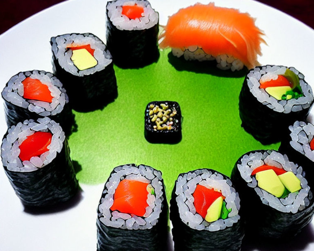 Assorted Sushi Rolls and Nigiri with Salmon and Vegetables