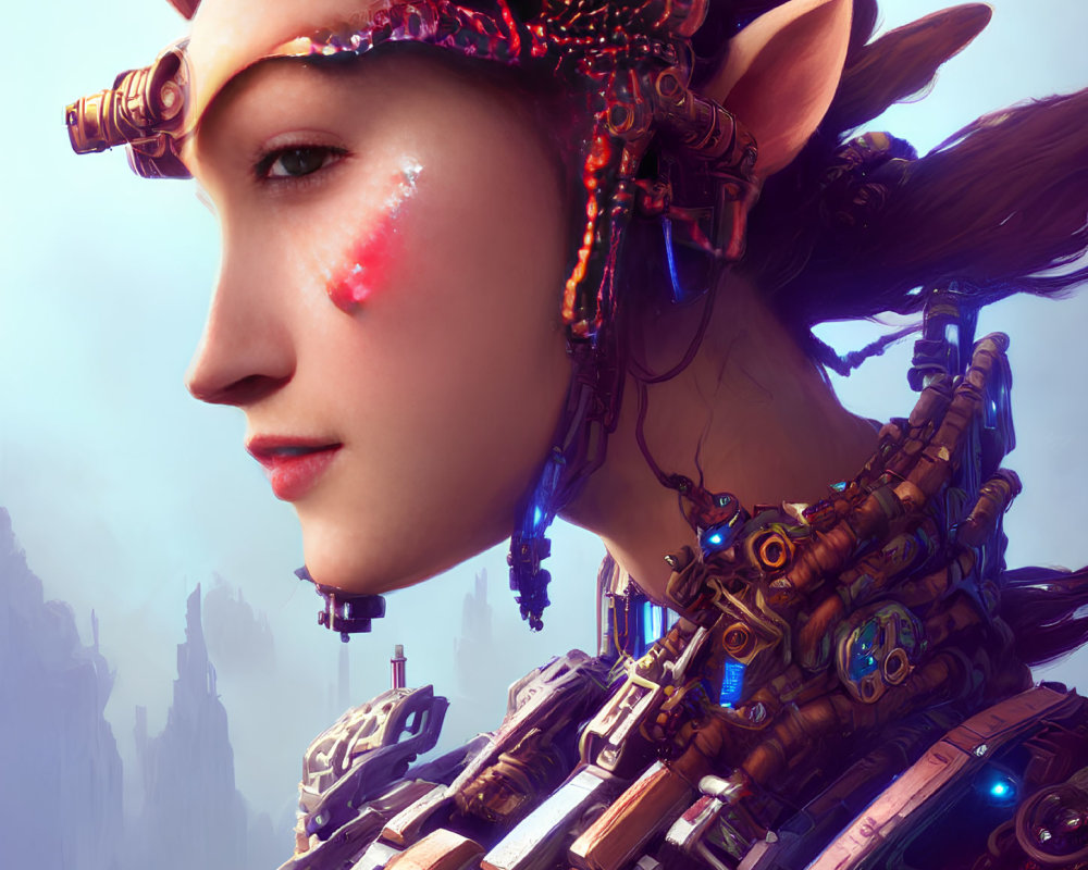 Cyborg woman with elf-like ears and mystical mark on cheek against blue backdrop