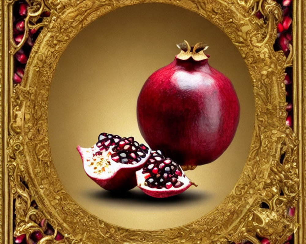 Pomegranate and Seeds in Golden Frame with Background Pattern