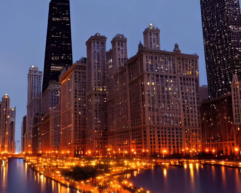 Cityscape with illuminated buildings along river at twilight