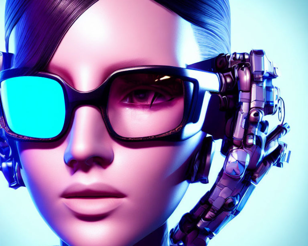 Futuristic female with robotic headset and blue glasses on blue gradient background