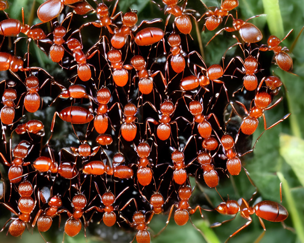 Red Ants Gathering on Plant, Displaying Glossy Exoskeletons & Antennae