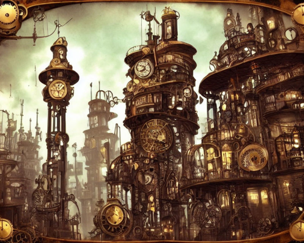 Steampunk cityscape with towering clockwork structures and gears against a sepia-toned sky