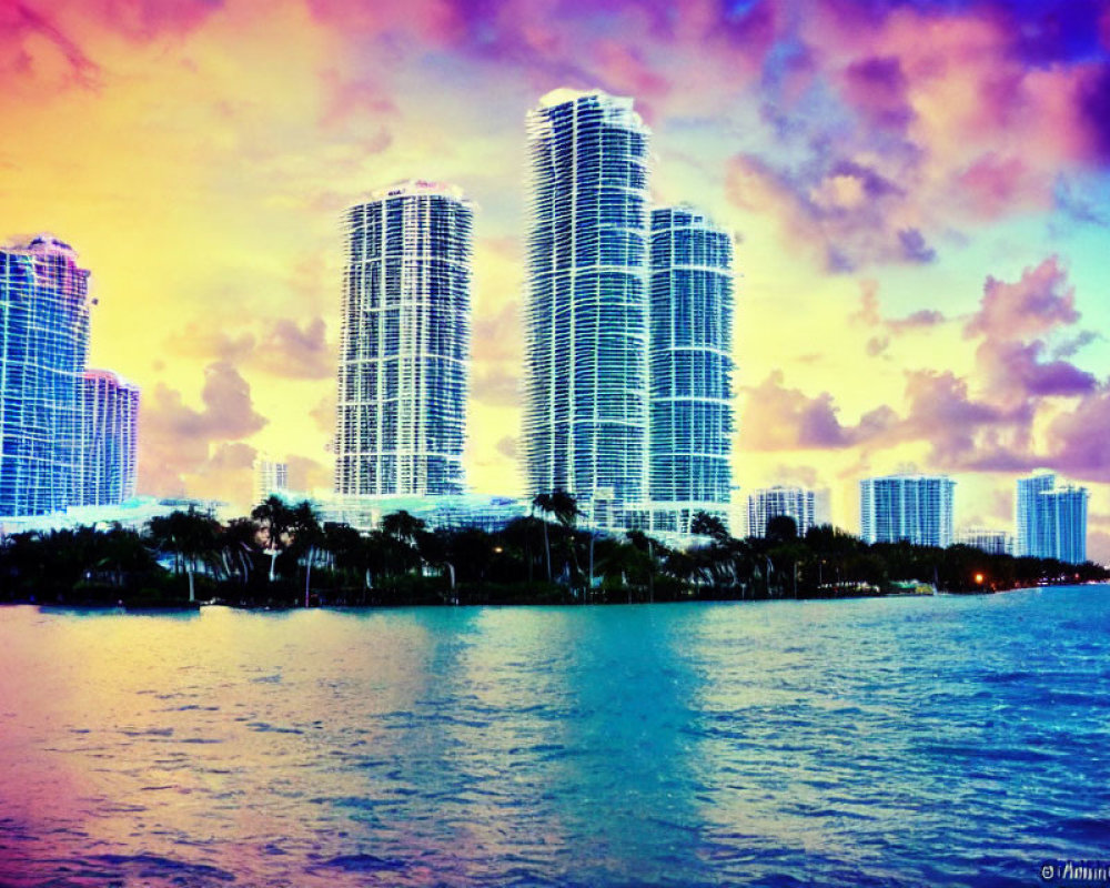 Vibrant dusk scene: neon-lit high-rises, waterfront, silhouetted trees