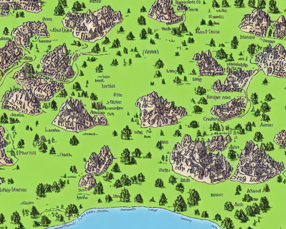 Detailed hand-drawn fantasy map with colorful regions, mountains, and whimsical names.