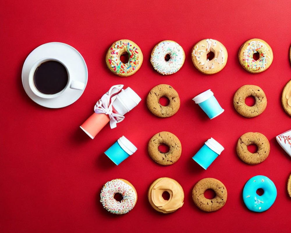 Assorted decorated donuts and coffee on red background