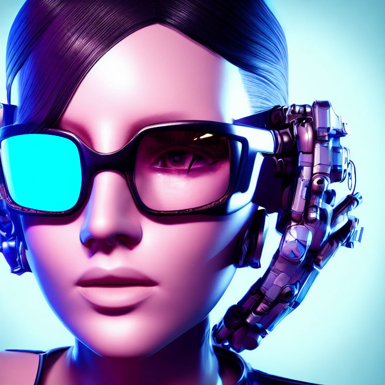 Futuristic female with robotic headset and blue glasses on blue gradient background