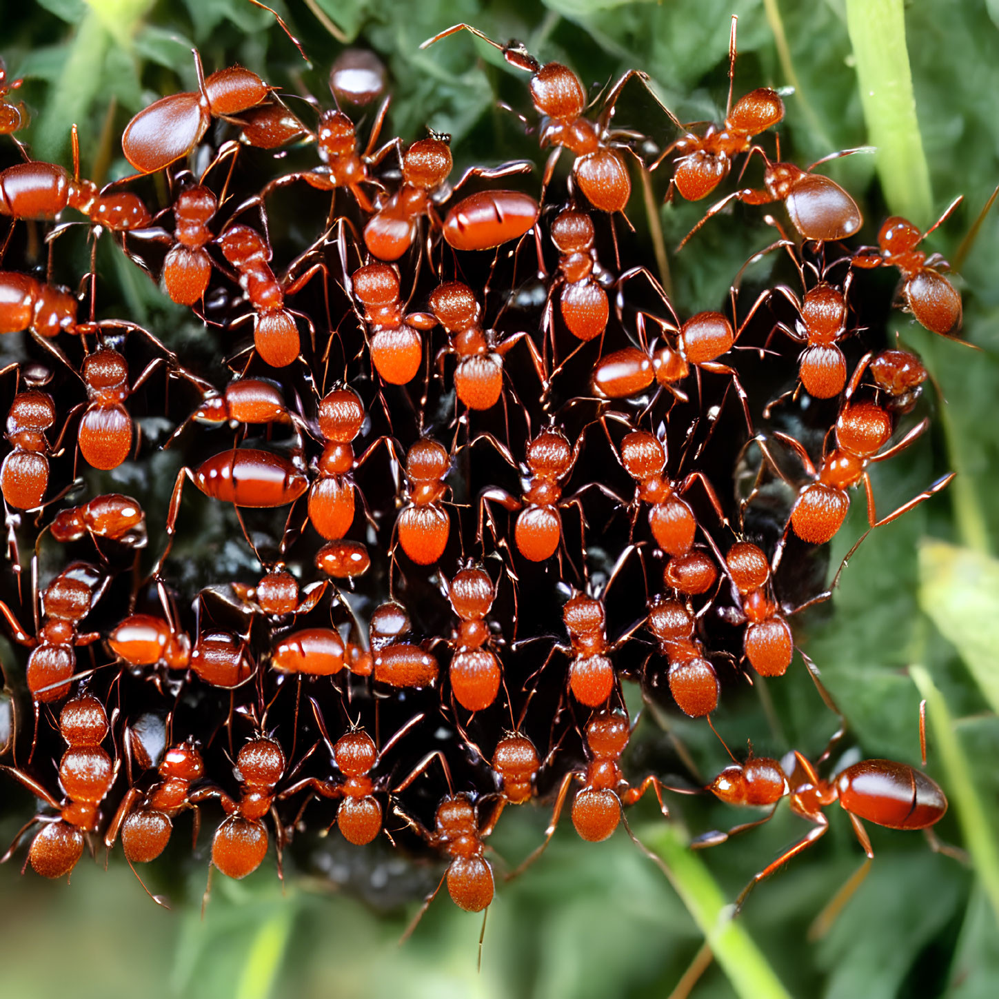 Red Ants Gathering on Plant, Displaying Glossy Exoskeletons & Antennae