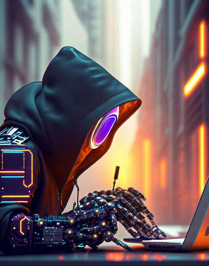 Futuristic figure with glowing robotic arm in cityscape with laptop