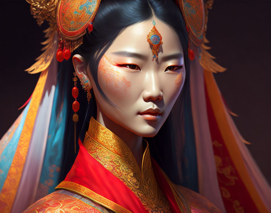 Digital artwork: Woman in East Asian royal attire with intricate designs and vibrant colors