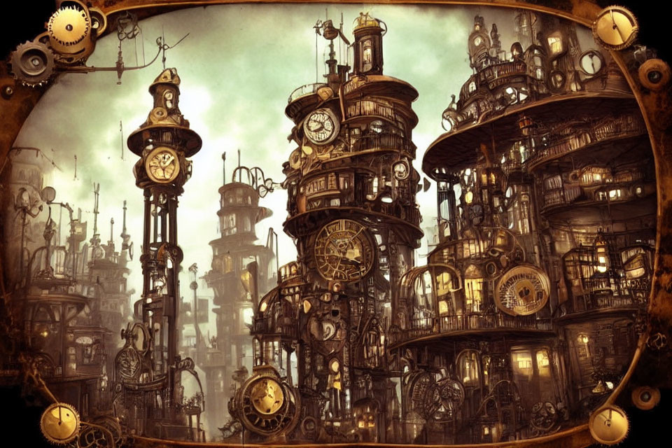 Steampunk cityscape with towering clockwork structures and gears against a sepia-toned sky