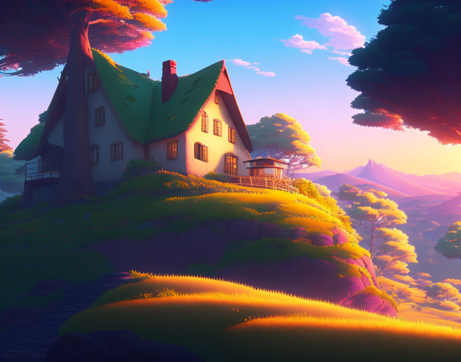 Digital artwork: Cozy house with green roof in sunset glow surrounded by trees