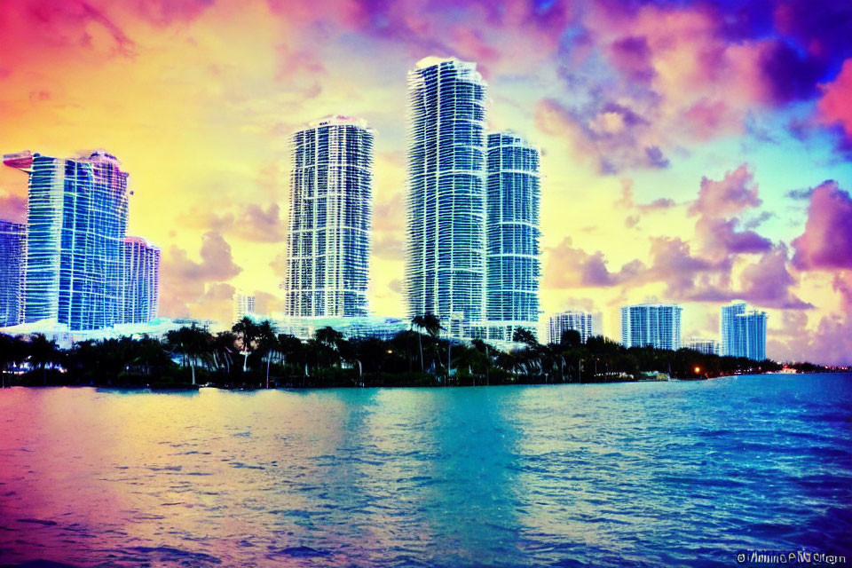 Vibrant dusk scene: neon-lit high-rises, waterfront, silhouetted trees