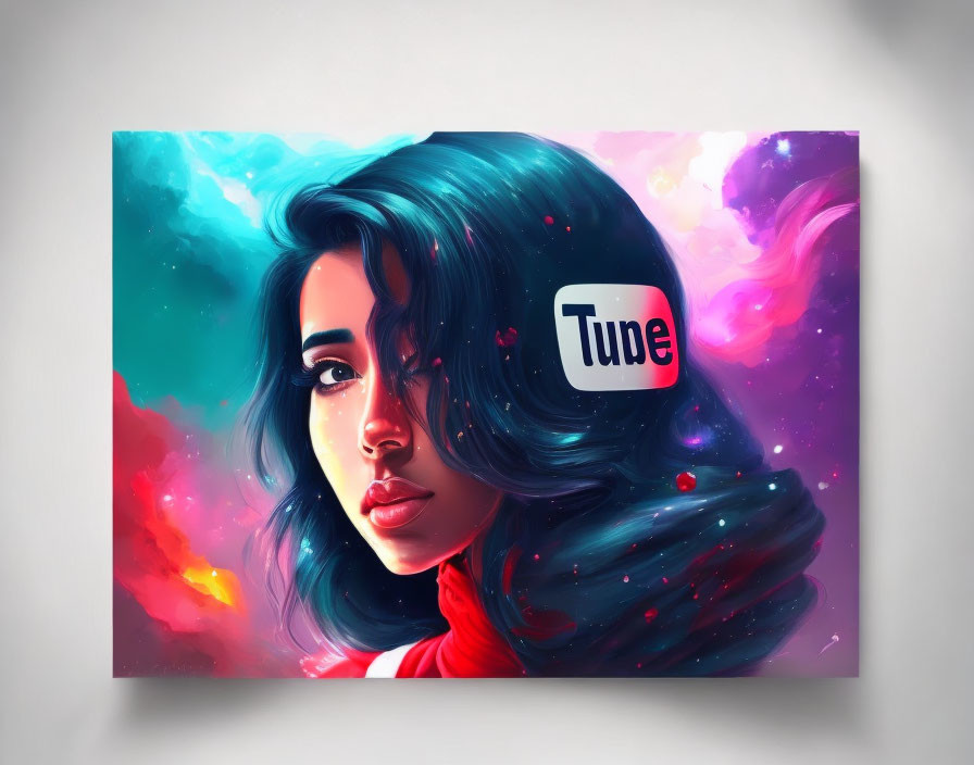 Digital painting of woman with blue hair and red scarf on cosmic background