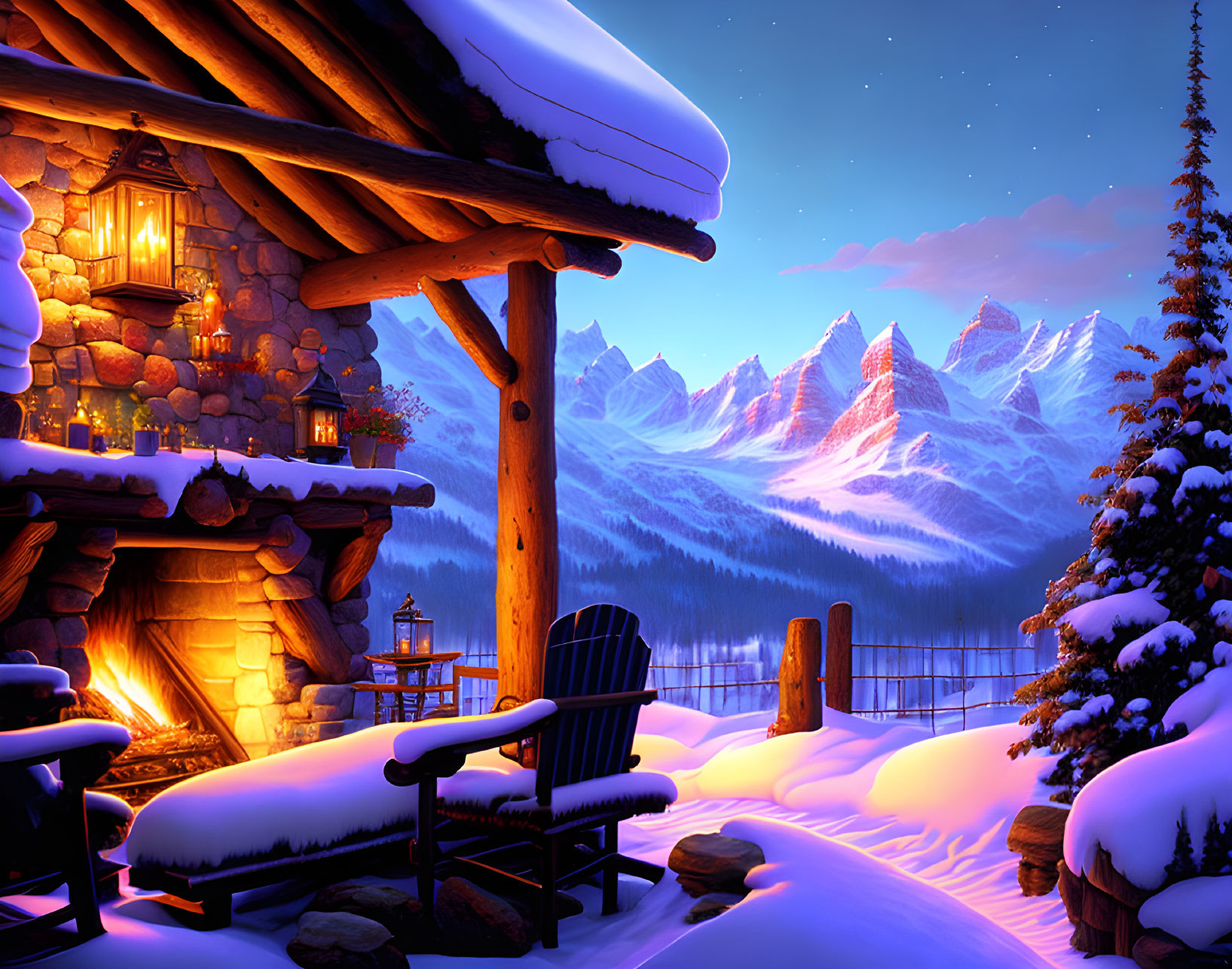 Snow-covered cabin with warm lights and Adirondack chair overlooking sunset-lit mountain range