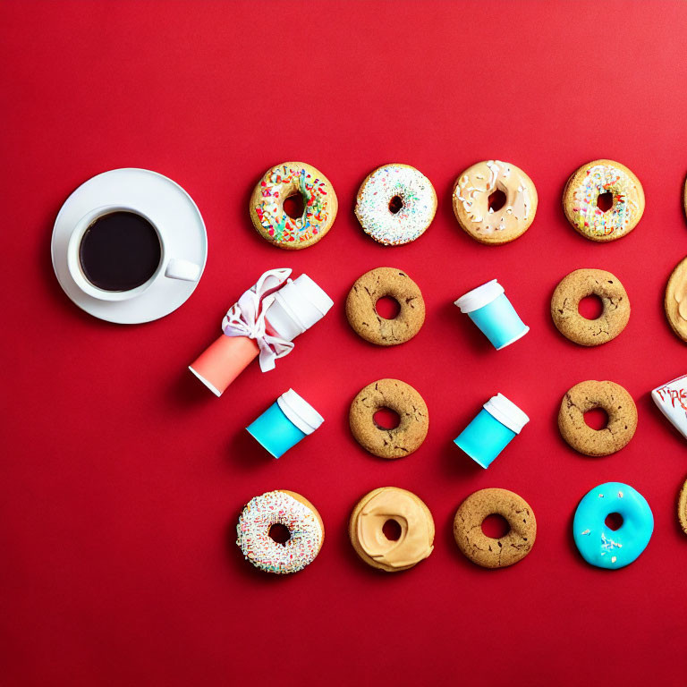 Assorted decorated donuts and coffee on red background