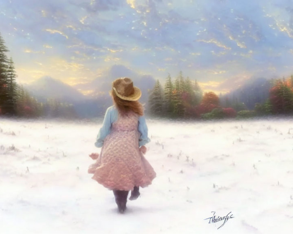 Girl in dress and hat walking in snowy field towards forest under soft glowing sky