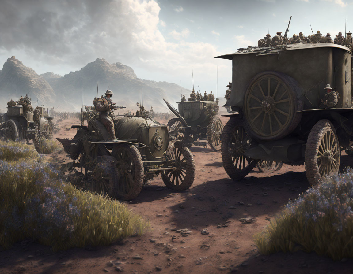 Military vehicles and soldiers in helmets in rugged landscape with mountains and purple flowers.