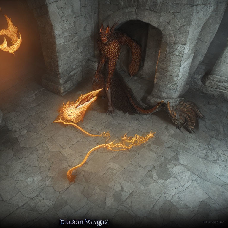 Fiery dragon casting spell in ancient stone-walled chamber