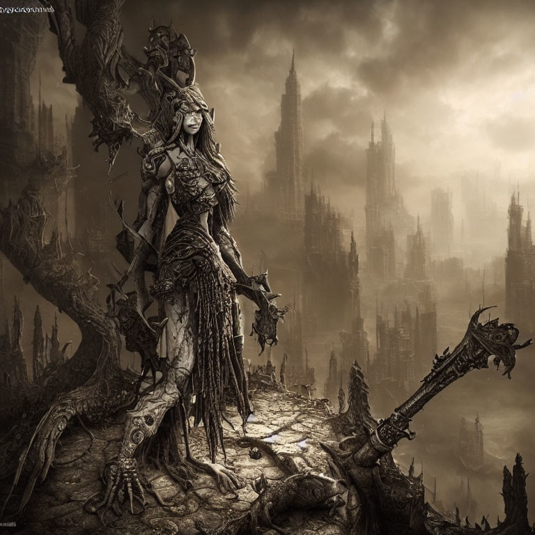 Monochrome fantasy artwork of warrior woman in elaborate armor and staff, in gothic landscape.