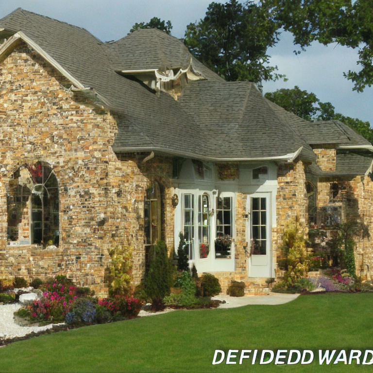 Stone house with manicured lawn under clear sky, featuring "DEFIDEDD WARD" watermark