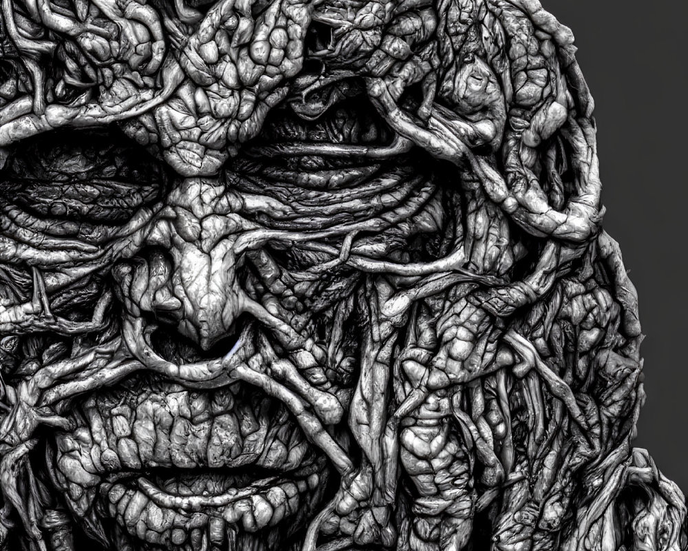 Detailed monochromatic close-up of textured, gnarled face with vine-like wrinkles.