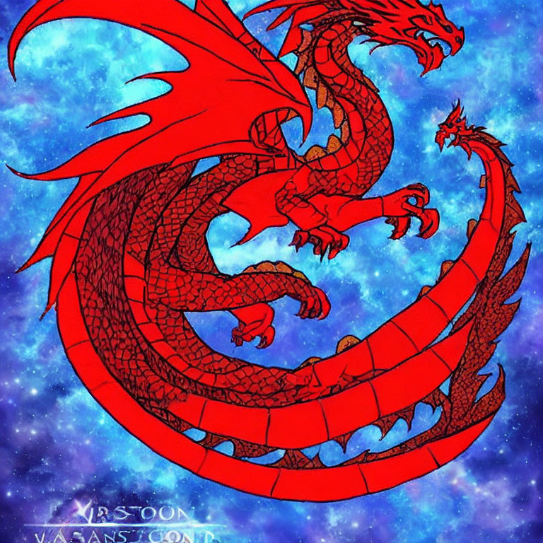 Vibrant red dragon with multiple heads in cosmic flight