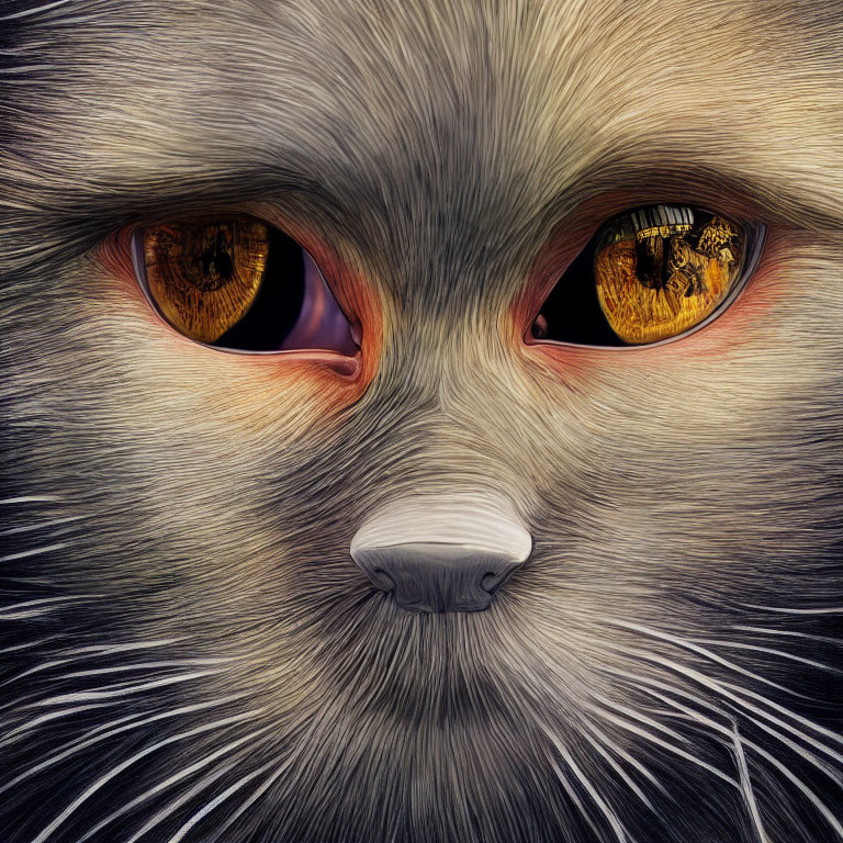 Detailed Close-Up of Cat's Face with Striking Amber Eyes