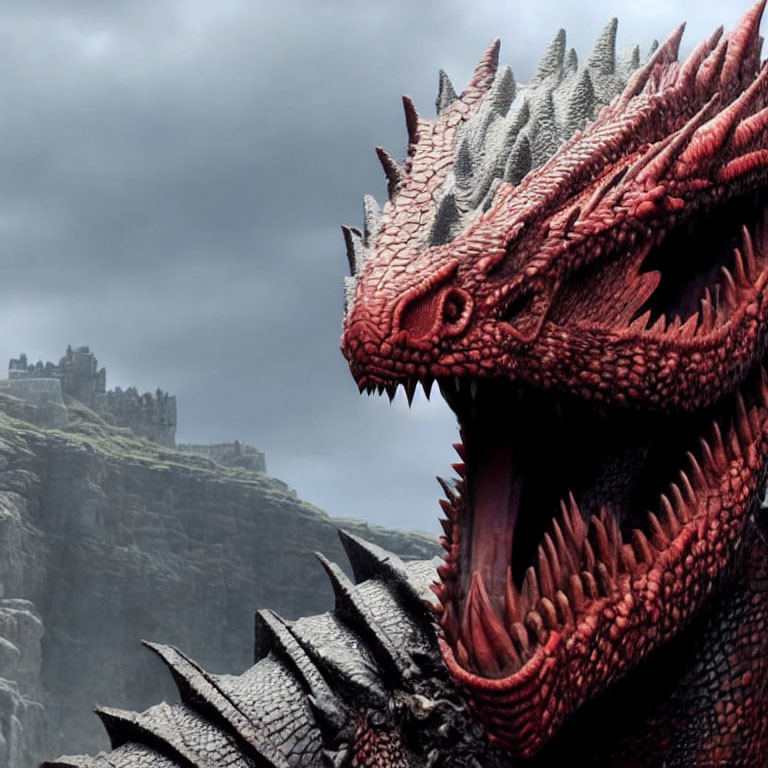 Red dragon with horns and scales on cliffside with castle silhouette