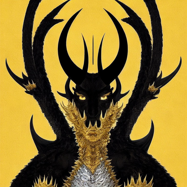 Symmetrical dark dragon creature with golden details on yellow background