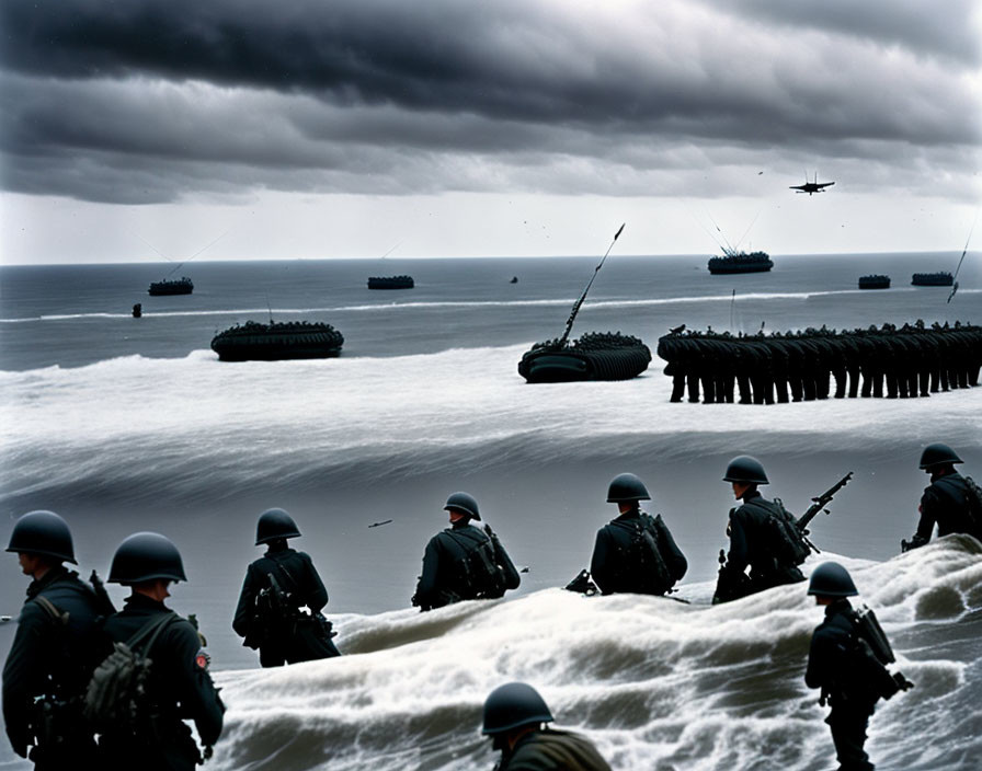 Military soldiers landing on beach under cloudy sky with landing craft and helicopters in background.