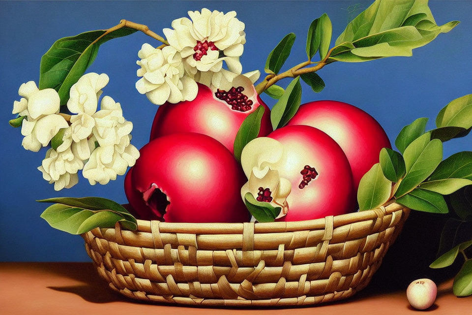 Classic still-life painting of red apples in a basket with flowers and leaves on blue.