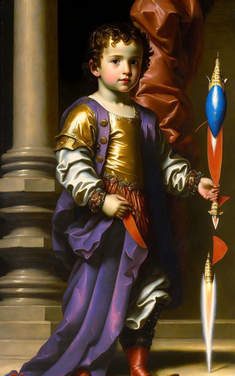 Luxurious period costume painting of young boy with spear and marble column