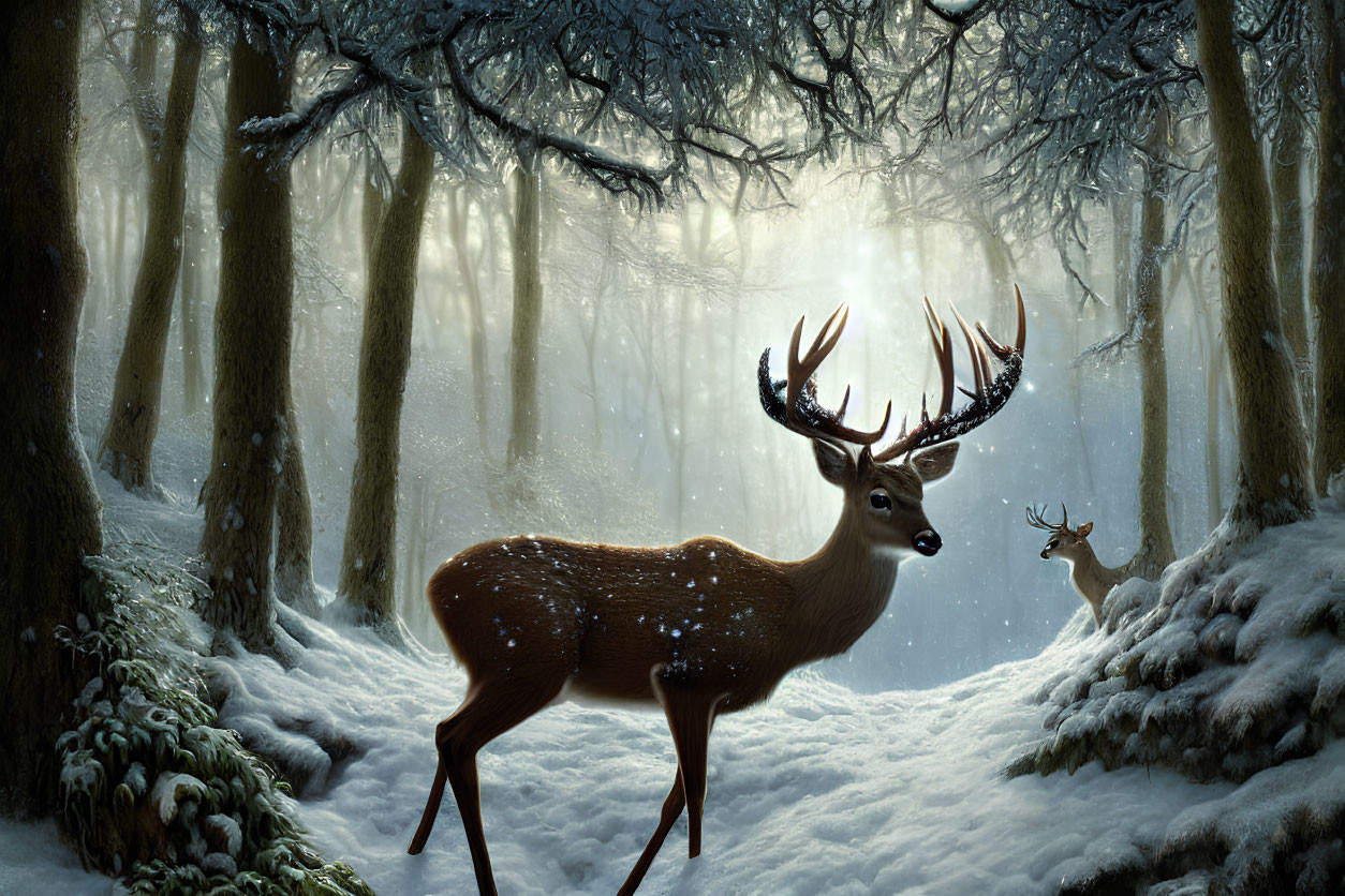 Majestic deer in snowy forest with sunlight filtering through trees