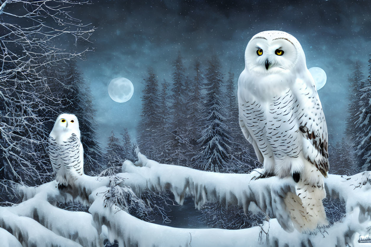 Snowy Owls Perched in Wintry Forest with Snow-Covered Trees and Two Moons