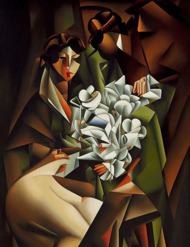 Cubist painting of figure with white flower bouquet