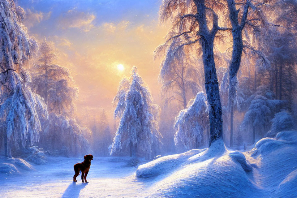 Dog in Snowy Forest at Sunrise or Sunset