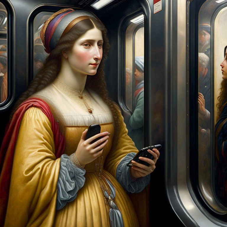 Classical Attire Woman with Smartphone in Subway Car