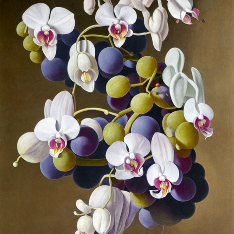 Detailed Painting of Purple & White Orchids with Green Grapes on Dark Background