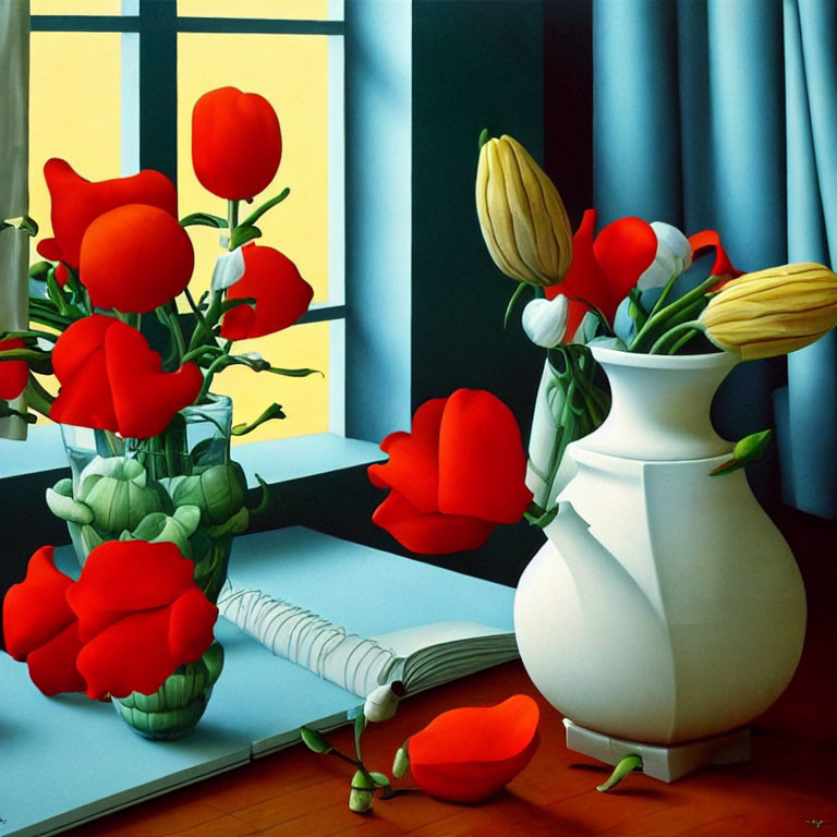 White Vase with Red Flowers Still-Life Painting and Open Book on Table