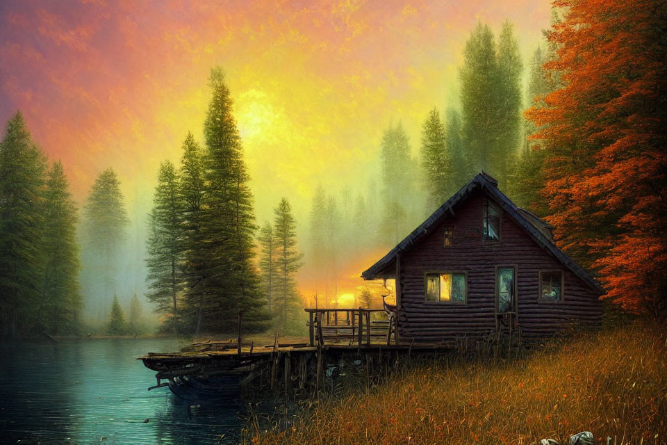 Serene Autumn Lake Cabin Surrounded by Colorful Trees