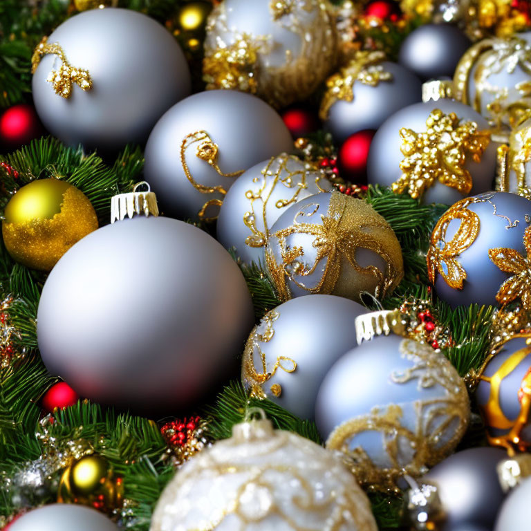 Various gold and silver Christmas ornaments on green fir branches