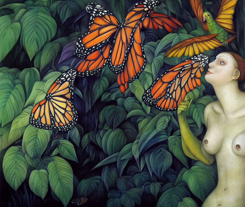 Surreal painting of woman with leaf hair in nature with butterflies and hummingbird