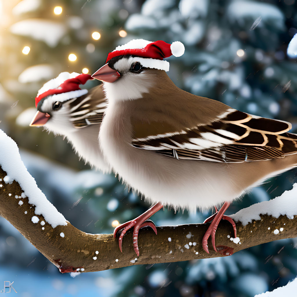 Two sparrows in red Santa hats on snowy branch in winter forest.