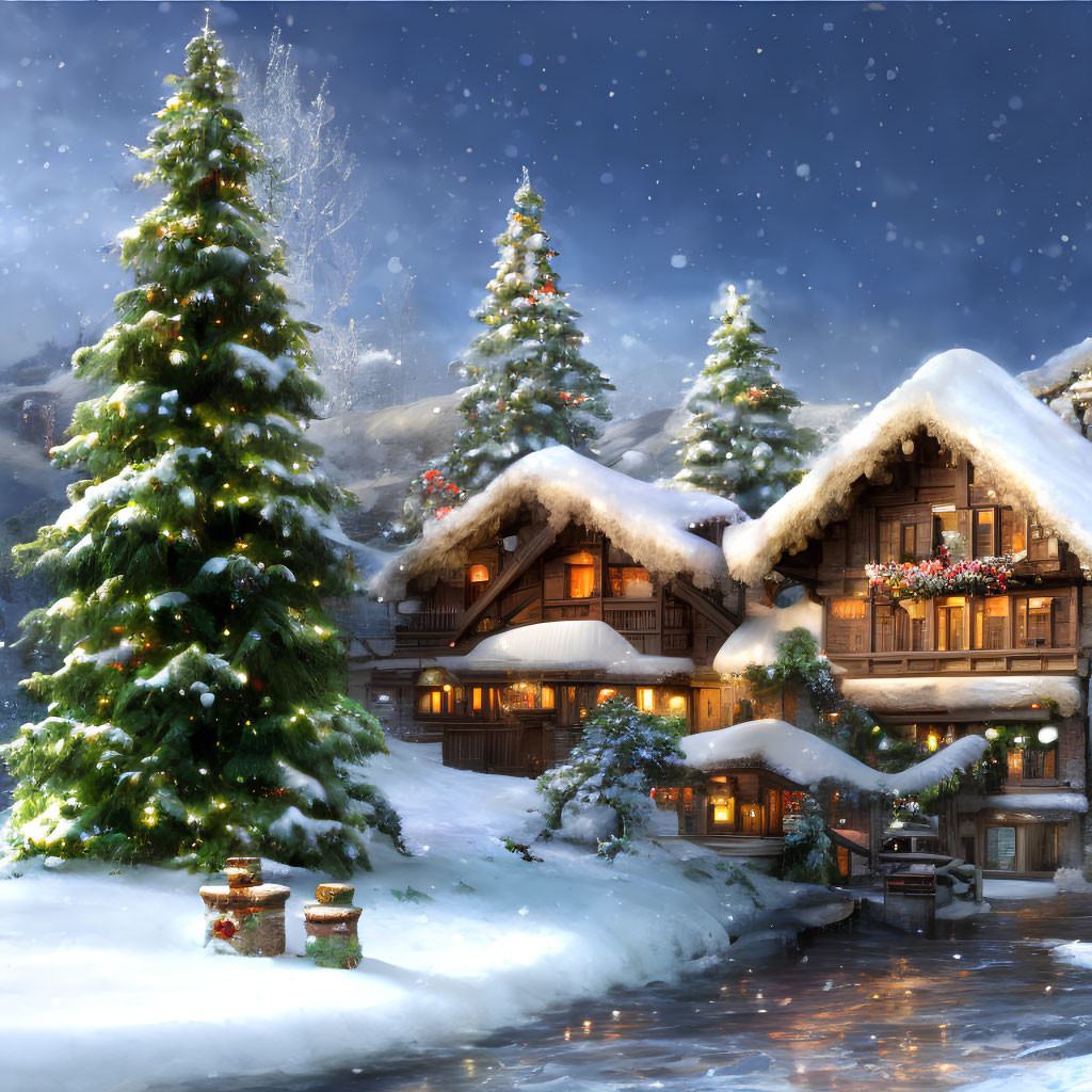 Snow-covered chalets and pine trees in serene winter night scene