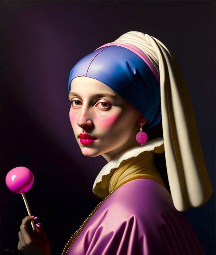 Modern interpretation of classic painting with blue headscarf and pink lollipop