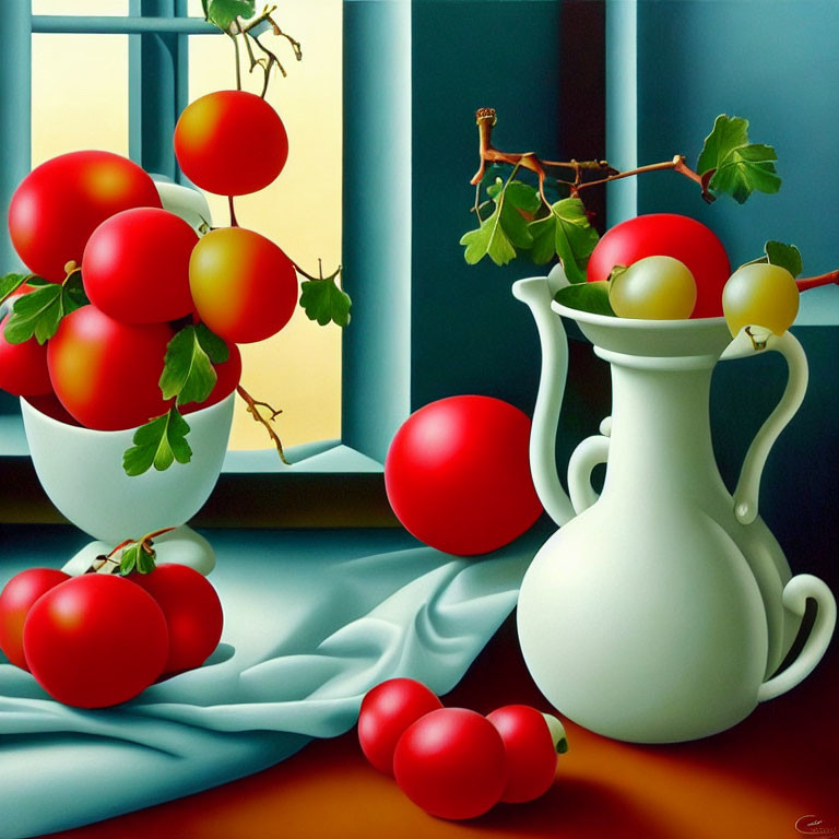 Colorful Still Life Painting of Red Tomatoes on Vine, White Pitcher, Blue Fabric, and