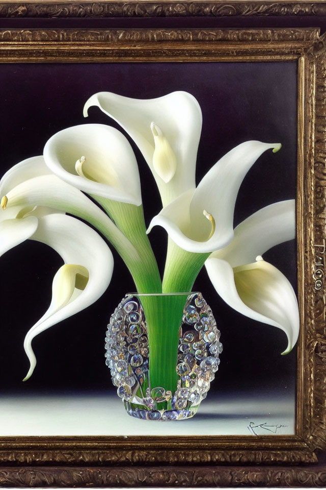 White Calla Lilies in Jeweled Vase with Dark Ornate Frame